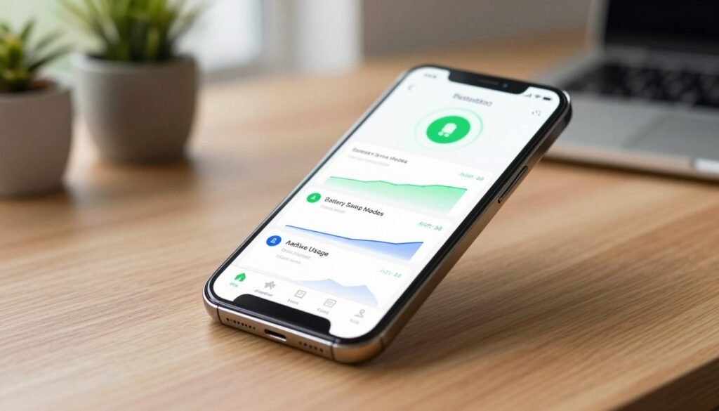 A close-up view of a modern smartphone displayed on a sleek wooden table, showcasing a vibrant battery optimization settings interface. The smartphone screen glows softly, highlighting features like battery saving modes, adaptive usage metrics, and energy consumption graphs. In the background, a blurred workspace with potted plants and soft natural lighting creates a calm atmosphere. The angle is slightly tilted to capture both the phone's elegant design and the intricate details of the screen interface. Ensure the visual conveys a sense of efficiency and innovation, with a warm, inviting tone to emphasize the appeal of smart battery features in everyday use.