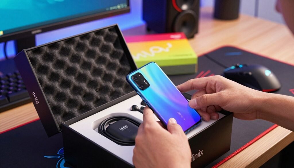 A well-lit scene capturing the excitement of unboxing a gaming smartphone, the Infinix GT 20 Pro. In the foreground, hands carefully lifting the smartphone out of a sleek, premium box filled with gaming accessories like a charging cable, protective case, and earphones. The middle ground features an open box, showcasing foam padding and colorful packaging that emphasizes the "wow" factor of the unboxing experience. The background is a softly blurred desk setting with a gaming-themed mouse pad, RGB lighting illuminating the scene, and a hint of a gaming monitor display. Use a natural, warm light to enhance the atmosphere, shot from a slightly elevated angle to create a dynamic perspective. The overall mood should feel vibrant and exciting, highlighting the anticipation of a new gaming device.